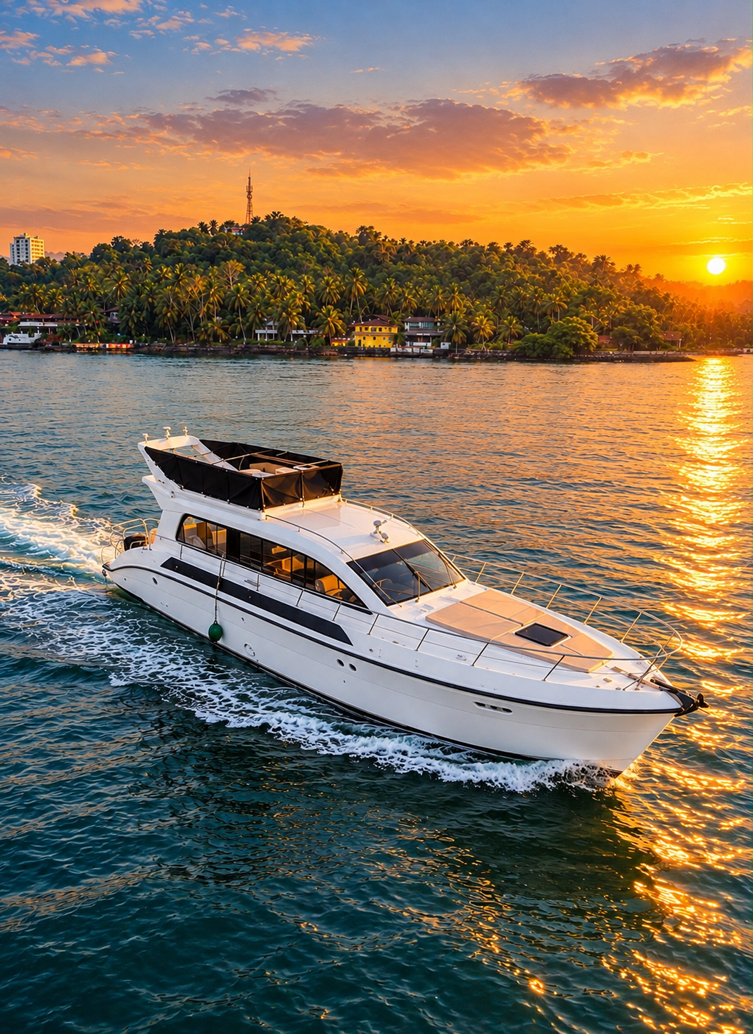 Luxury yacht cruising off the Goa coast at sunset