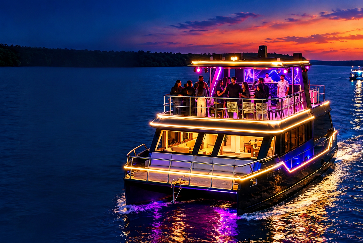 Friends partying on the sun deck of a lit luxury catamaran yacht at sunset in Goa