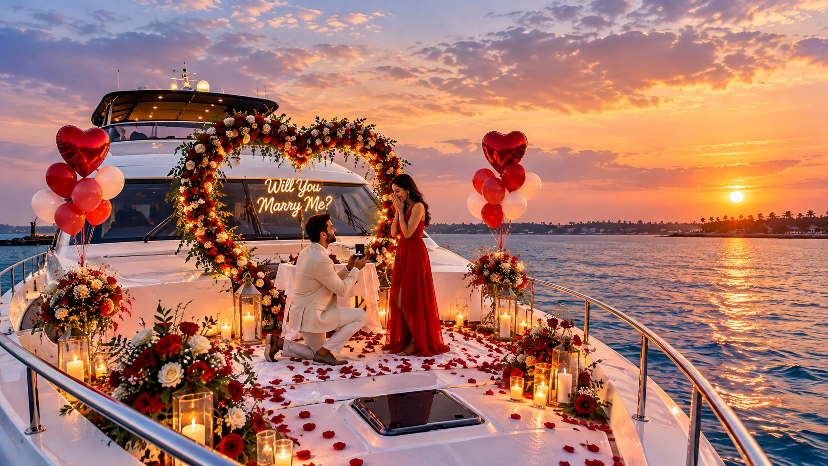 Proposal on a yacht bow at sunset in Goa with floral heart arch, candles and balloons